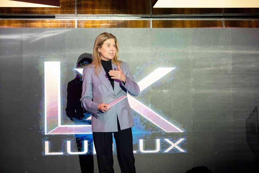 Apresentação no palco diante do painel com a marca LudLux