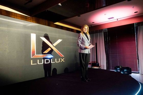 Apresentação no palco com a marca LudLux ao fundo