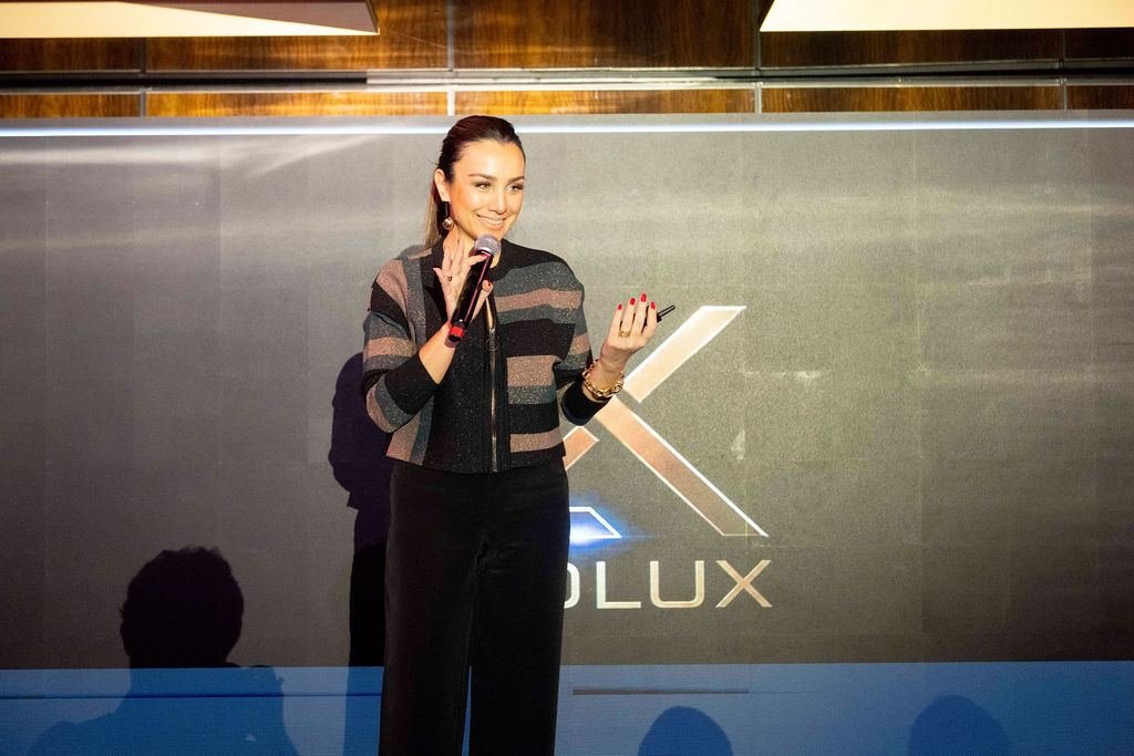 Apresentação no palco com a marca LudLux projetada