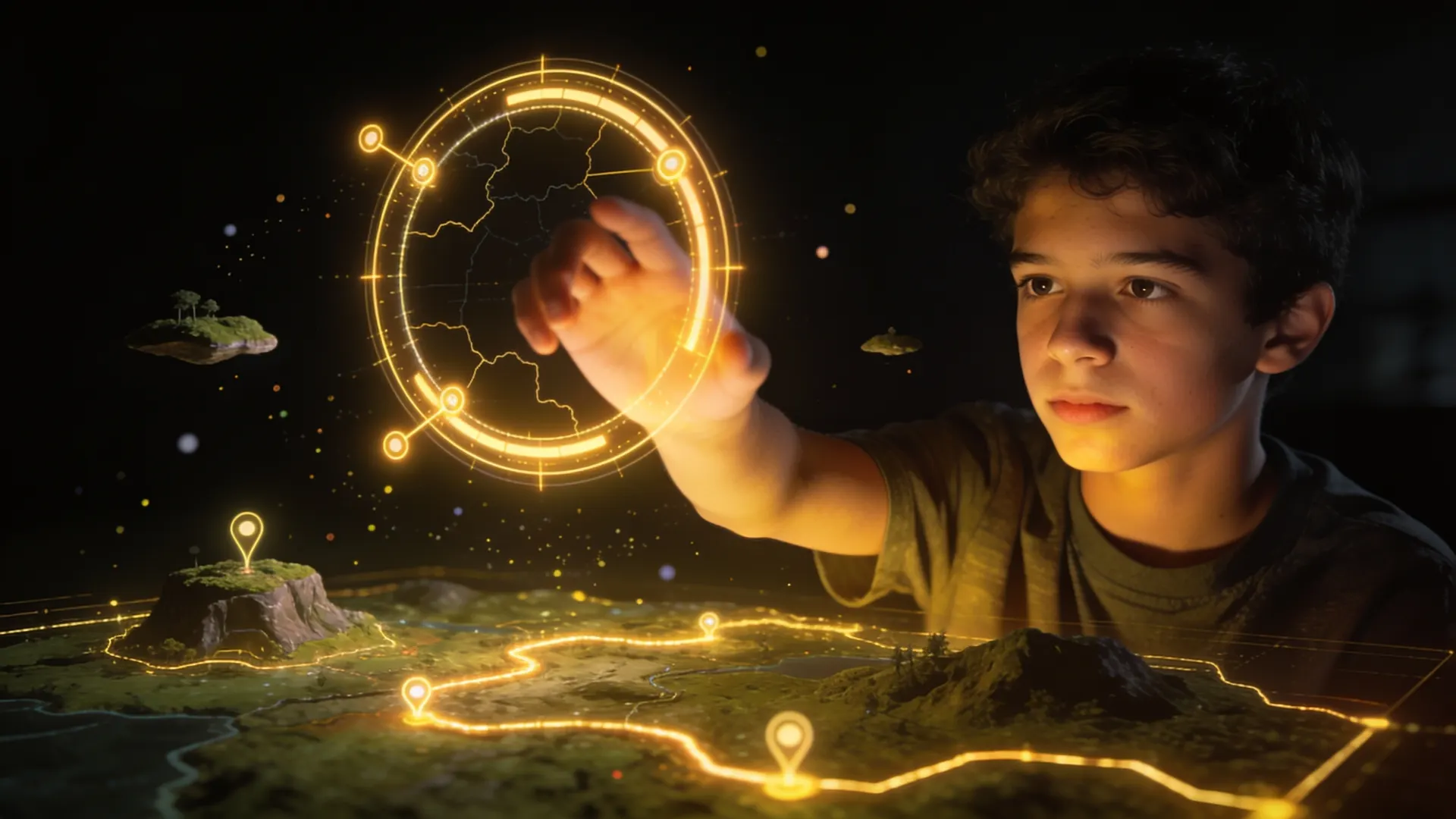 Jovem tocando um mapa de missões holográfico
