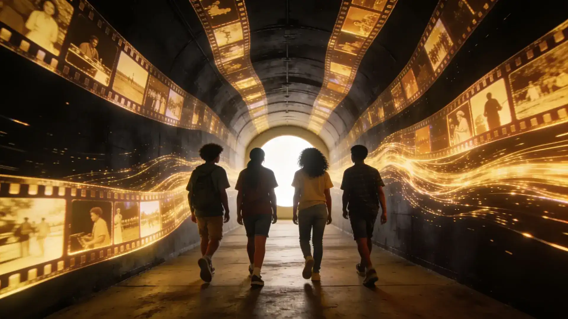 Jovens atravessando um túnel de cenas de filme