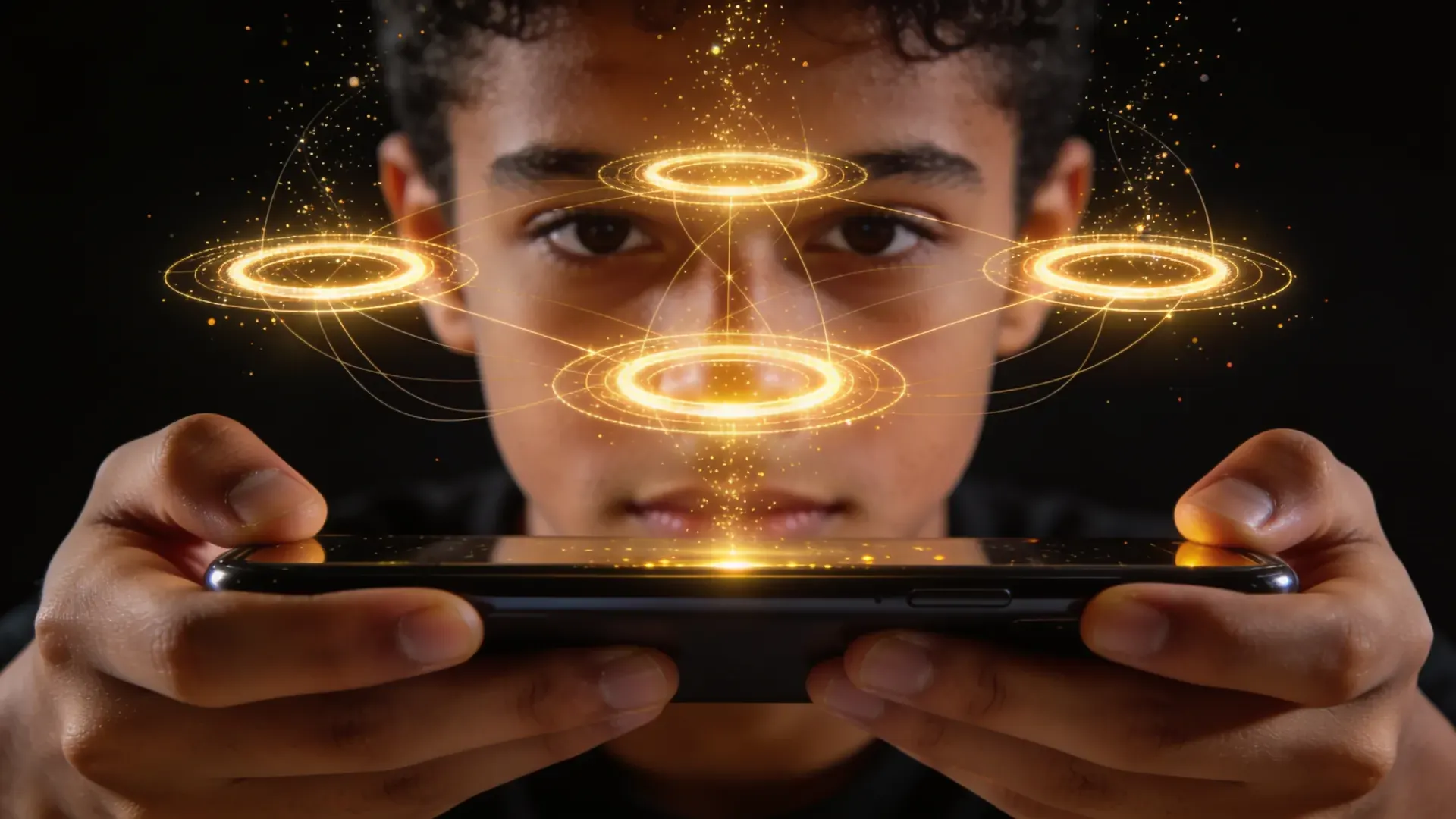 Jovem com celular do qual sobem anéis de luz