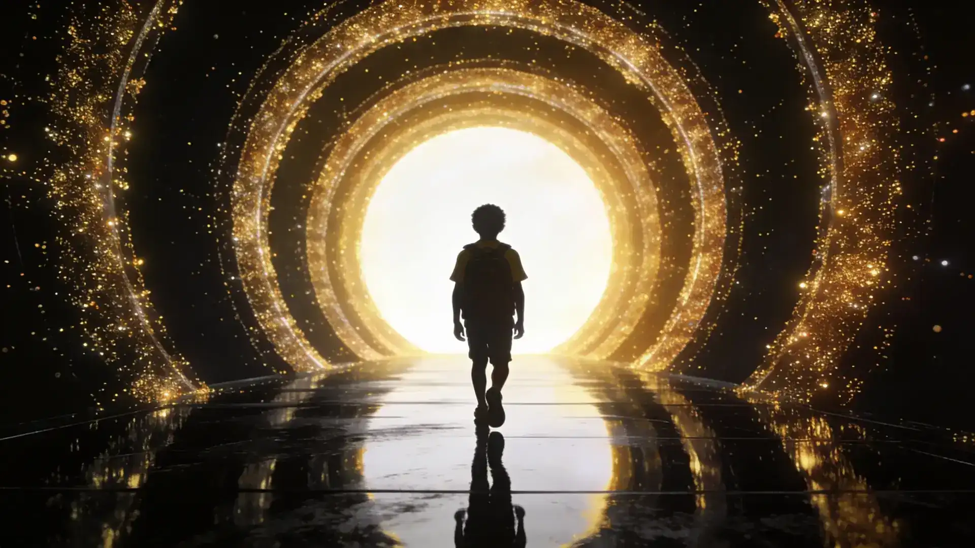 Jovem caminhando para um portal de luz