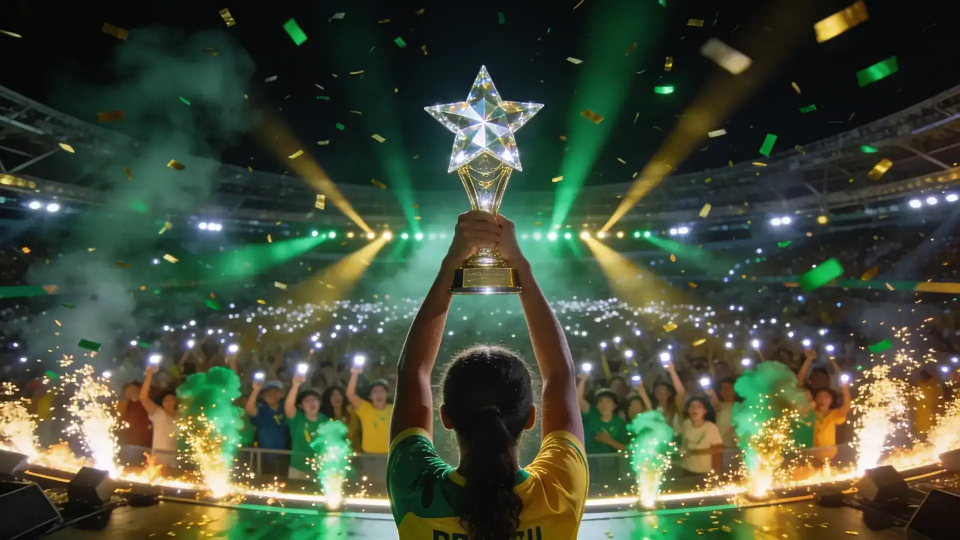 Campeã erguendo o troféu de estrela de cristal diante do estádio lotado