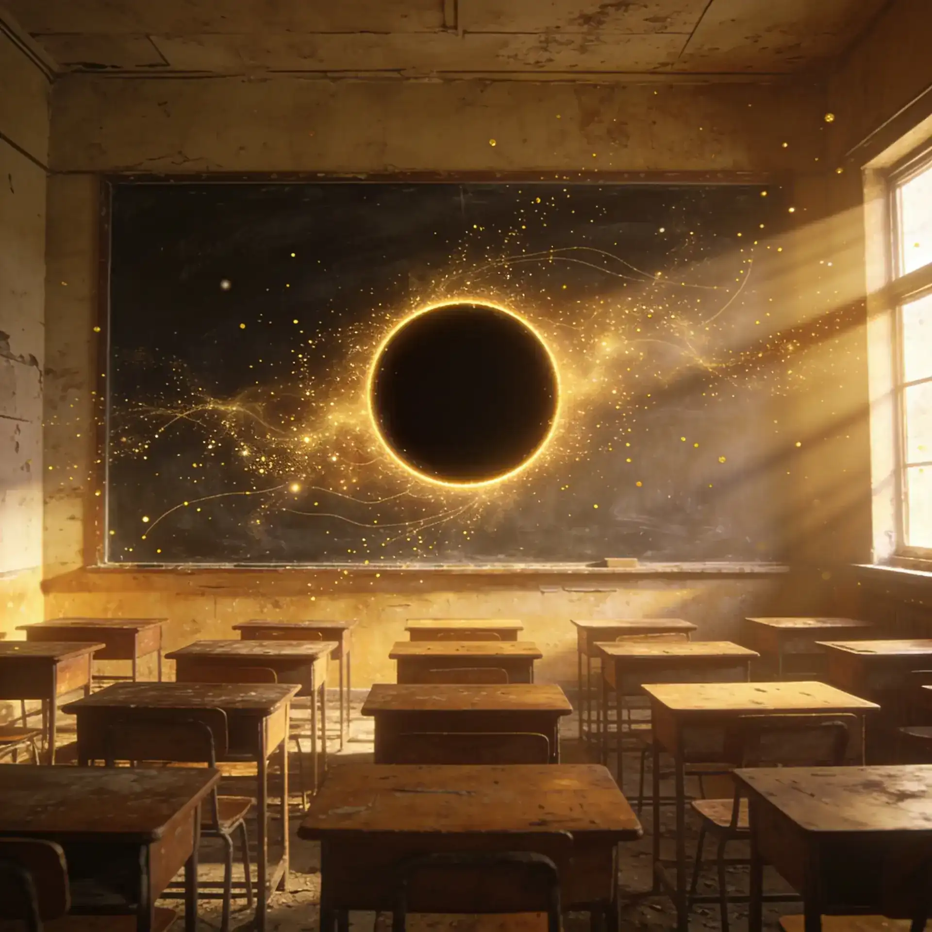 Sala de aula antiga com um portal de luz no quadro