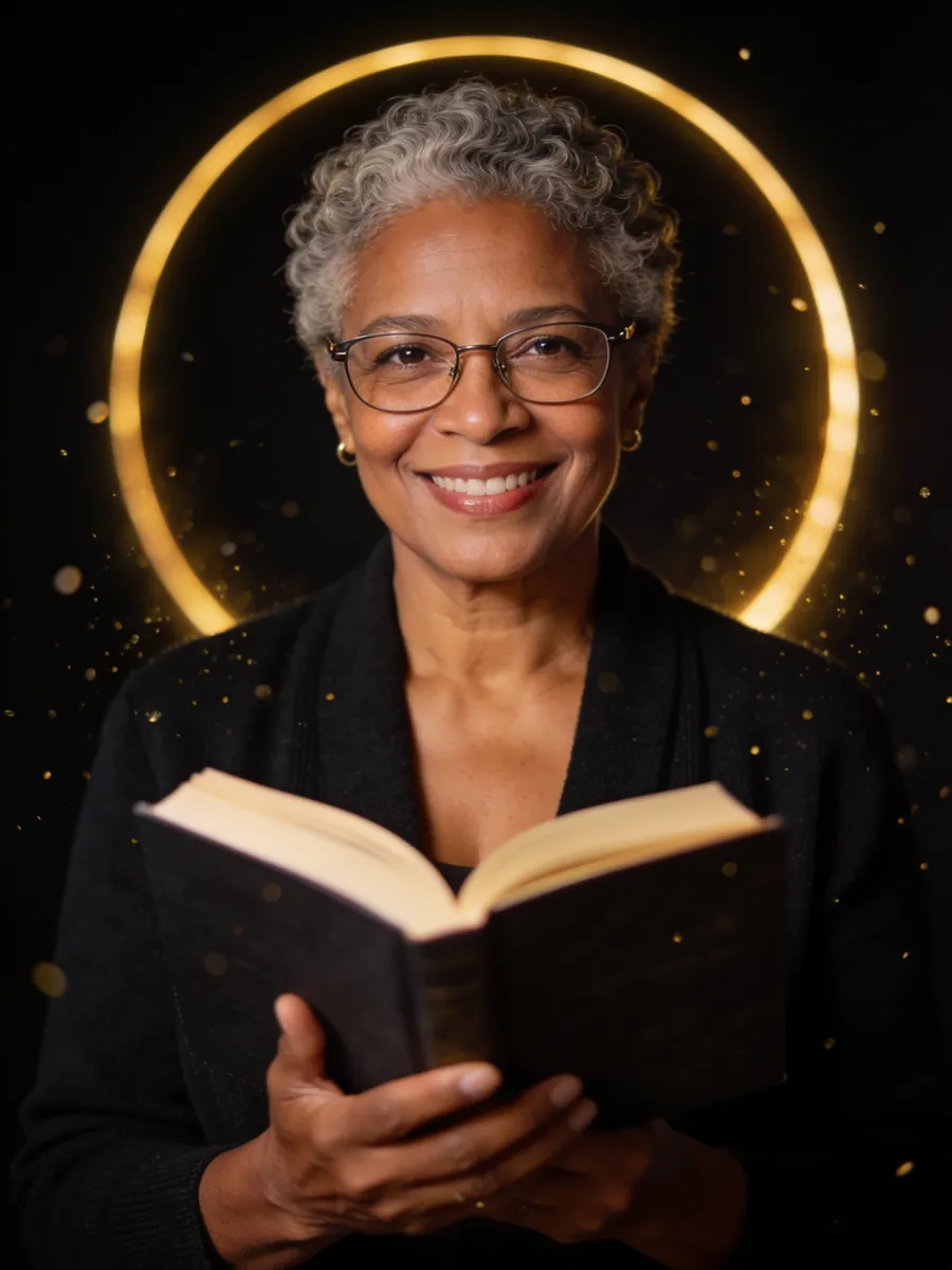 Senhora sorrindo com livro